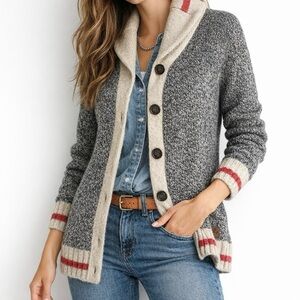 Roots Canada Genuine Cabin Sweater Wool Blend Red Stripe Cream Salt Pepper XL